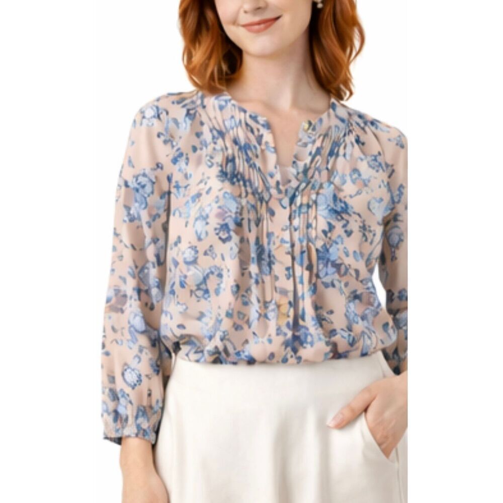 Rebecca Taylor Beige Floral Pintuck Blouse with Blue Flowers